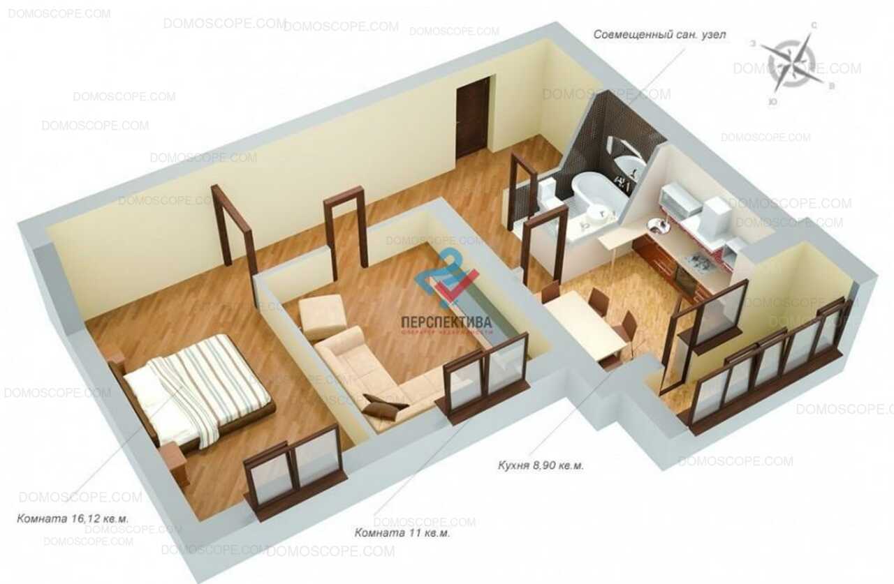 планировка квартиры 52 кв м 2 комнаты